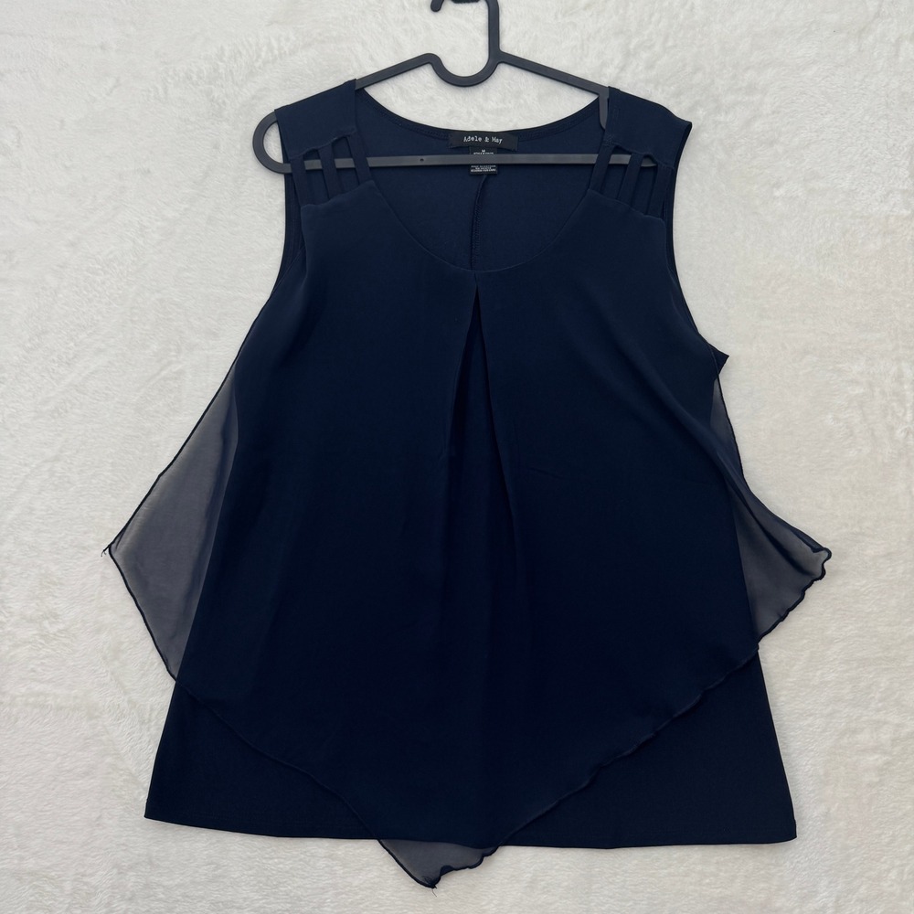 Adele & May Blouse Womens M Navy Blue Layered Chiffon Cage Shoulder Pleated Top